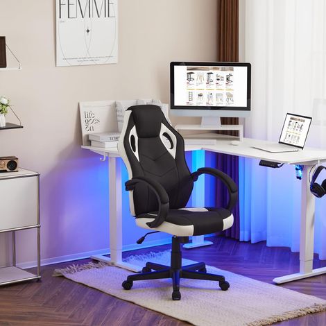 Woltu – Chaise gaming respirante en tissu – Dossier haut – Pivotant 360° – Mécanisme d'inclinaison – Hauteur réglable – Capacité 150kg – Blanc