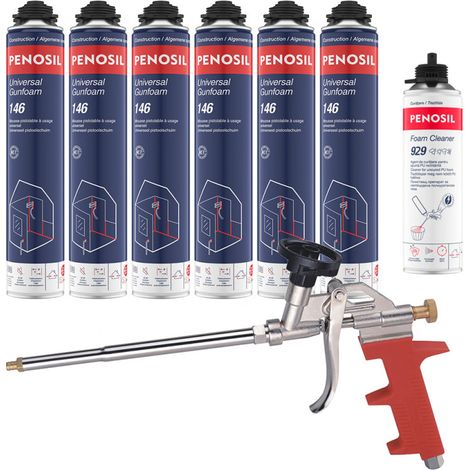 Penosil – Pack de 6 mousses polyuréthanes pistolables 690ml – Nettoyant mousse 500ml – Pistolet manuel – Pour isolation thermique et acoustique