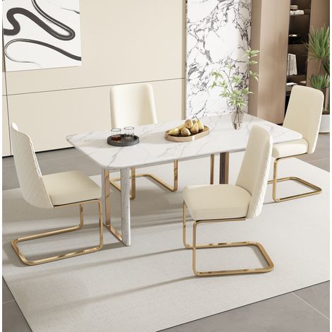 CHICFURN Pack de 2 sillas de comedor de terciopelo beige con patas doradas y respaldo rombos (1/5)