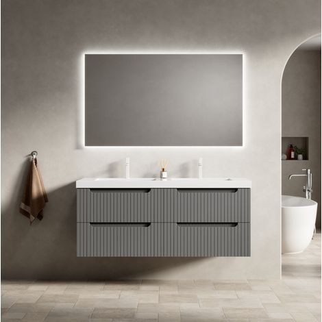 Meuble vasque suspendu 120 cm moderne gris foncé avec double vasque intégrée en résine et 4 tiroirs soft-close (1/5)