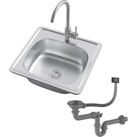 Set lavello da cucina in acciaio inox, lavello a vasca singola con rubinetto e kit di scarico per cucina di servizio (U)