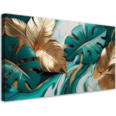 Tableau déco Feuilles de monstera Or Marbre Turquoise 80x40 (1/5)