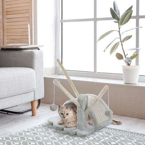 Arbre à chat 40 cm, petite tour avec grotte, 2 balles, tapis à griffer, arbre à chat, pour chats de toutes tailles, gris clair