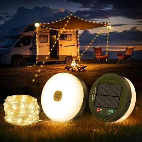 Guirlande lumineuse de camping enroulable 10 m, portable 3 en 1, rechargeable par USB et solaire, avec 8 modes d'éclairage, LED étanche pour le camping, la cour et la randonnée. (1/5)