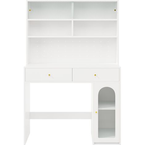 Credenza da cucina alta bianca con piano di lavoro, 2 cassetti, ripiano regolabile e ganci (1/5)