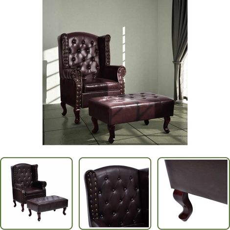 Fußhocker -  Sessel mit Fußhocker Dunkelbraun Kunstleder