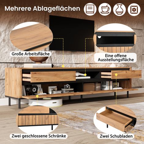 Meuble TV 180x40x52cm, buffet bas pour téléviseur, rangement avec 2 tiroirs et 2 portes battantes, 6 pieds en métal, charge max 30kg, table console moderne pour salon, support TV 75 pouces, couleur bo (1/5)