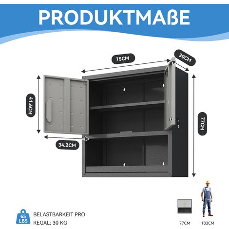 Armoire à outils murale en métal avec porte verrouillable, 1 étagère et 1 tiroir ouvert – 75 × 77 × 30 cm, grise, pour garage, entrepôt, bureau (assemblage requis) (1/5)