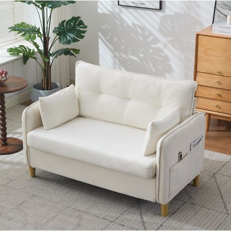 Sofá de 2 plazas, 127 cm, con bolsillos laterales, reposabrazos y cojines de chenilla beige (1/5)