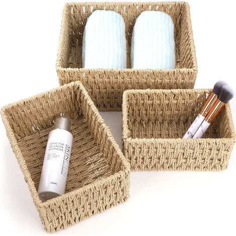 Paper Rope Storage Basket Multifunctional Storage Box Bin Organizer for Bathroom, Kitchen, Kid's Room, Drawer, Shelves (Set of 3)