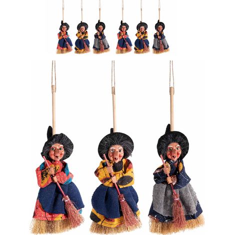Set 6 befane decorative da appendere in resina con abito in stoffa e scopa (1/3)