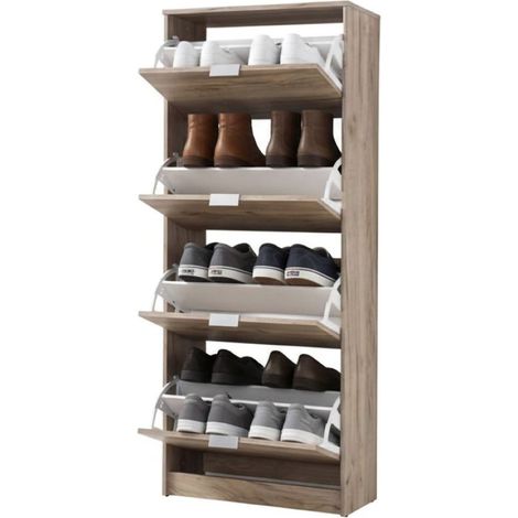Scarpiera Santina, Mobile Portascarpe 8 Ripiani, 4 Ante, Maniglie Incluse, 67x28x155.5h cm Marrone Rovere Grigio