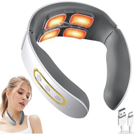 Masajeador cervical, 6 modos, 9 niveles, masajeador de cuello eléctrico inteligente, masaje pulsante en 4 cabezales y función de calentamiento de temperatura constante para aliviar el dolor de cuello. (1/2)