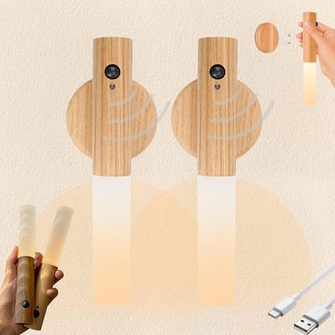 2 Pack Lumiere Murale Sans Fil Magnetique Applique Murale en Bois Veilleuse LED Rechargeable Murale USB Applique Murale Intérieure Detecteur De Mouvement pour Chambre, Couloir, Escalier [Classe énergé (1/5)