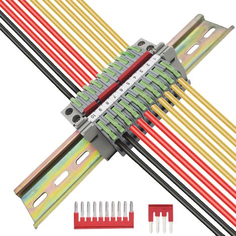 Bornier de Rail DIN,Kit de Bornier, 10 pcs Bornier (Vert herbe), avec Bande de Repérage, Bande de Connexion(2/3/4/5/10pin) et Module Fixe (1/5)