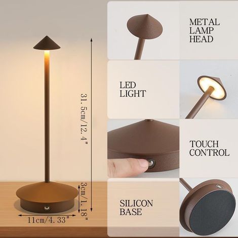 Lampe de Table LED Tactile sans Fil à Pile Rechargeable Portative Réglable en Luminosité Design Minimaliste pour Restaurant Dîner de Couple Chambre à Coucher Patio Extérieur Pique-Nique (1/5)