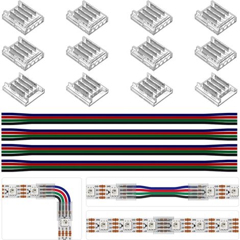 Kit de connecteurs transparents 10mm de large 8pcs connecteur angulaire 4pcs connecteur sans soudure Gapless 22AWG câbles d'extension 15cm de long SMD 4pin LED support de bande (1/5)