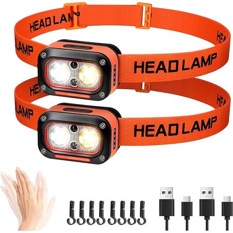DARKBEAM Lampe Frontale LED Ultra Puissante Rechargeable, Torche Frontales Lumière Blanche, Jaune, Rouge pour Casque de Chantier avec Détecteur de Mouvement, étanche pour Camping, Travail, 2 Paquets (1/5)