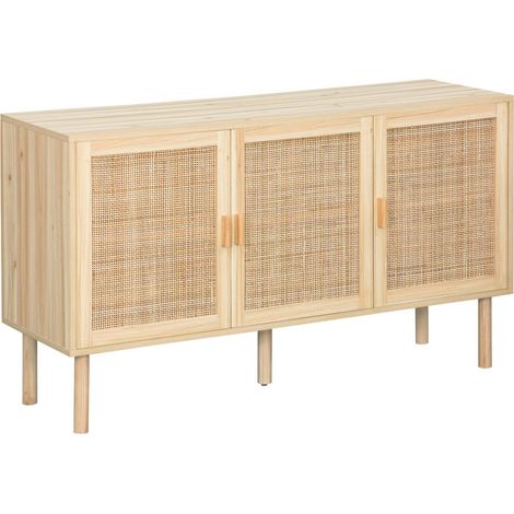 120cm sideboard with wooden and woven effect with 3 doors Natural 120x39x70 cm - Camargue (1/5)