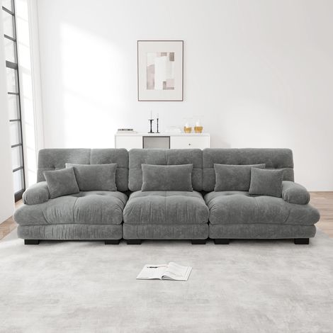Canapé d'angle modulable 3 places avec assise profonde, canapé-lit en chenille grise, confortablement revêtu pour salon, appartement, studio, bureau