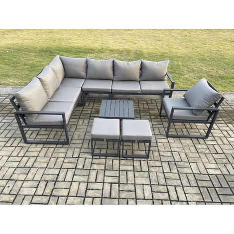 Fimous 9 Seater Aluminium Garden Furniture Set Outdoor Lounge Corner Sofa Chair Square Coffee Table Sets with 2 Small Footstools Dark Grey (1/5)