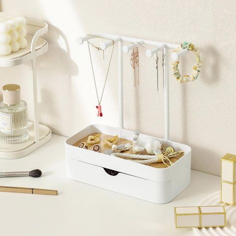 Support à chaînes Présentoir à bijoux avec tiroirs, support à bijoux avec base de rangement en bois, organisateur de bijoux compact avec 5 crochets, pour chaînes et bracelets, bagues et (1/5)