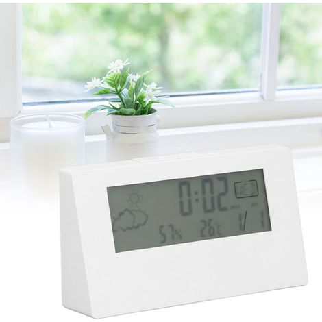 Digitaler LCD-Wecker mit Schlummerfunktion, Uhrzeit-, Datums-, Temperatur-, Luftfeuchtigkeits- und Lichtanzeige, ABS-Gehäuse, 13,5 x 7,5 x 3,3 cm, Weiß