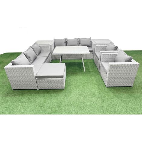 Fimous 9 Seat Garden Furniture Set PE Ratten Garden Sofa Set with Rectangular Dining Table Big Stool 2 Side Tables Light Grey (1/5)
