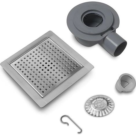 Siphon de douche en acier inoxydable 150 x 150 mm avec anneau étanche - Carré à 360° - Siphon de bord avec système anti-odeurs - Passoire à cheveux brossé (1/5)