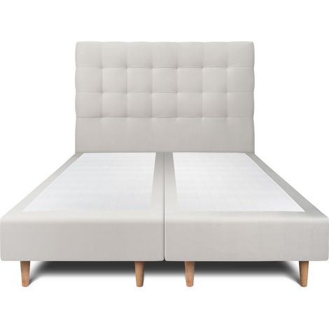 Lit 180x200cm avec tête de lit capitonnée velours et double sommier tapissier gris clair - Hauteur totale : 35cm (1/5)