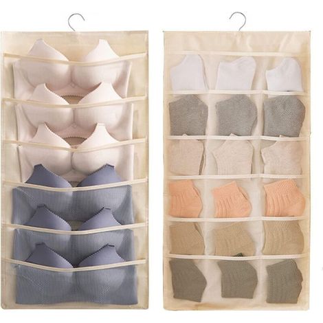 Organiseur mural suspendu pour placard – 30 poches double face, gain de place, idéal pour soutiens-gorge, sous-vêtements et chaussettes (24 riz blanc)
