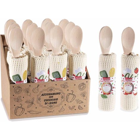 Cuillère en bois et torchon en coton brodé motif potager sur présentoir, lot de 12, torchon : 38 x H. 64 cm
