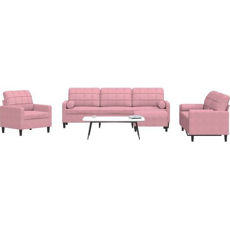 4-tlg. Sofagarnitur mit Kissen und Nackenrollen Rosa Samt