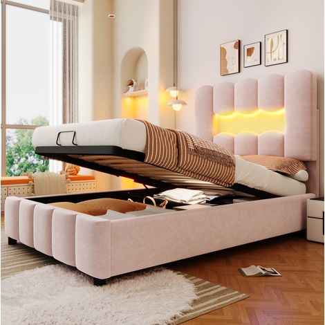 Letto imbottito moderno 90x200 cm in velluto rosa, con testiera regolabile, contenitore idraulico e LED (1/5)