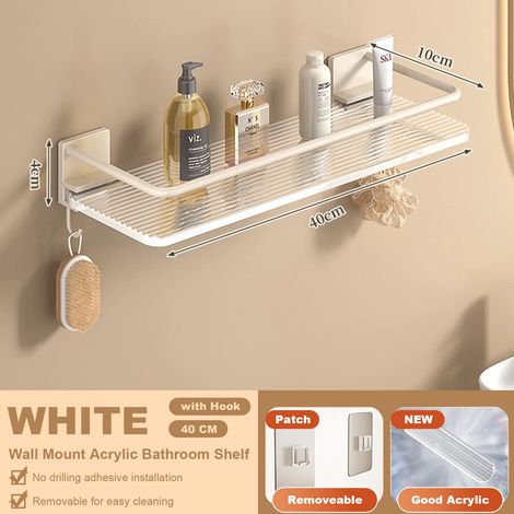 Étagère de salle de bain d'angle en acrylique (40 cm, blanc) avec crochets porte-serviettes, fixation murale sans perçage, gris, en acrylique et aluminium spatial. (1/5)