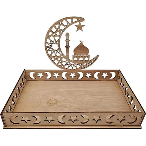 Bandeja de madera para servir Eid Ramadan Moon Star Mubarak, bandejas para hornear postres (1/4)