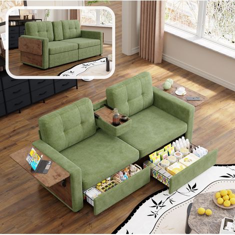 Divano 2 posti verde in ciniglia con tavolini pieghevoli, cassetti e portabicchieri OKWISH (1/5)