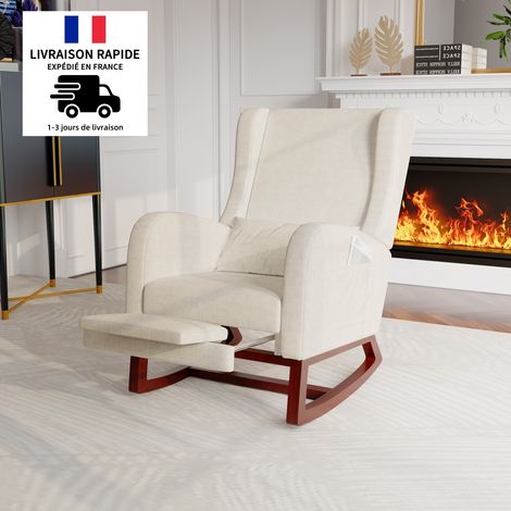 Sillón Mecedor, Sillón Mecedor Cómodo en Tela - Sillón cómodo con bolsillos laterales, Estilo Escandinavo, Respaldo acolchado, Con reposapiés - Beige