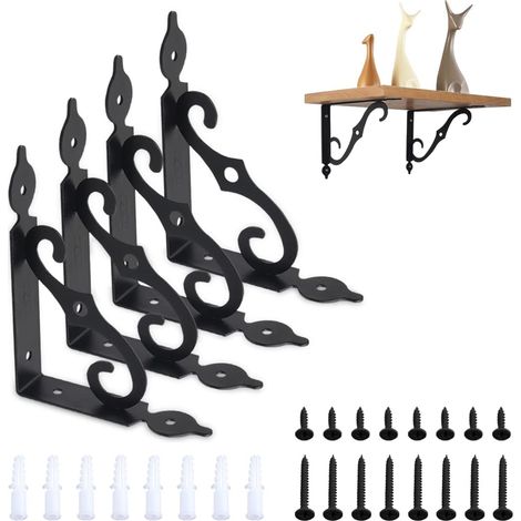 Lot de 4 supports muraux pour étagères, 19 x 14 cm, pour garage, cuisine, chambre (noir), supports d'étagères