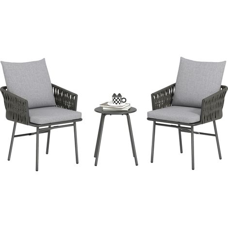 Outsunny Rattan Bistro Set, Balcony Table and Chairs with 4 Cushions, Grey