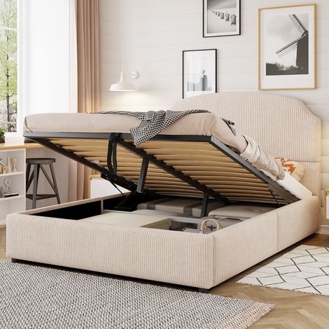Cama con almacenamiento 140x200 cm con espacio de almacenaje hidráulico, tejido de terciopelo suave a rayas color beige(Sin colchón) (1/5)