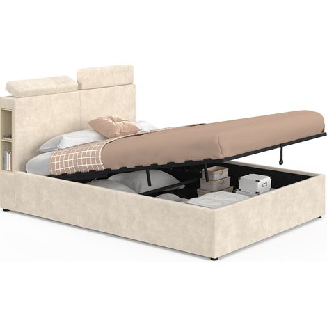 Doppelbett mit Stauraum "BASTIAN" mit verstellbaren Kopfstützen und Lattenrost 140 x 190 cm, beige Samt (1/5)