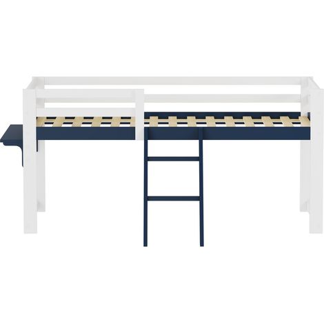 Lit mezzanine enfant 90 x 200 cm en pin massif, avec protection antichute, échelle fixe et table de rangement, sommier à lattes inclus, coloris blanc et bleu marine, DE602090BW (1/5)