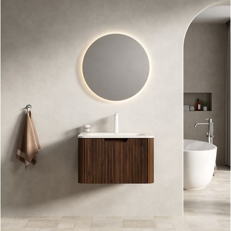 Meuble vasque mural 60 cm avec LED et tiroir, beige et noyer, pour appartement et hôtel (1/5)