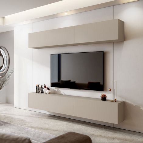 Parete Modular Suisio, Mueble de Salón Ajustable, 4 Estantes, Apertura Abatible, Beige (1/4)