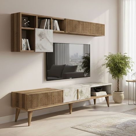 Dmora - Wohnzimmermöbel Gemini, Modulares Wohnzimmerset, Mehrzweck-Wohnzimmermöbel, Moderner TV-Schrank, 180x35h40 cm, Nussbaum und Weißer Marmor, mit verstärkter Verpackung (1/5)