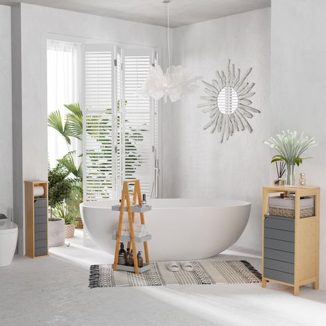 HOMCOM Meubles de Salle de Bain sur Pied Armoire de Rangement Colonne Gain de place avec Porte et tiroir en Bois et Bambou 32L x 30l x 80H cm