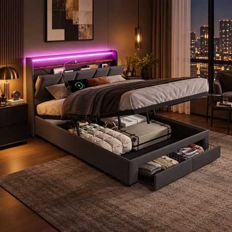 Lit adulte 140x190 cm – Lit coffre – Éclairage LED – Port USB – Sommier à lattes – Lin (1/5)