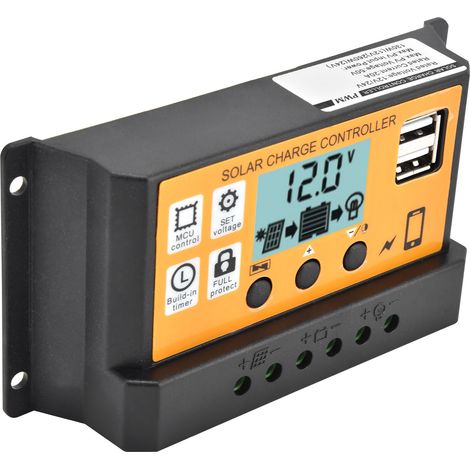 Régulateur de charge solaire PWM 20A 12V/24V, contrôleur intelligent à double port USB, écran LCD, protection batterie, panneau photovoltaïque, régulateur 3 étapes. (1/5)
