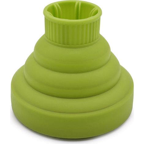 Diffuseur pliant léger pour sèche-cheveux, embout en silicone vert, adaptable pour salon et maison, format portable et pliable.